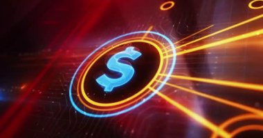 Dolar parası USD finans sembolü dijital konsept. Siber teknoloji ve bilgisayar ağı arkaplanı soyut 3d canlandırması.