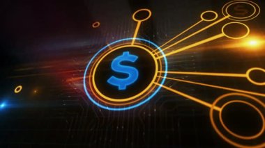 Dolar parası USD finans sembolü dijital konsept. Siber teknoloji ve bilgisayar ağı arkaplanı soyut 3d canlandırması.