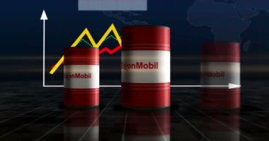 Poznan, Polonya, 12 Mayıs 2024: ExxonMobile petrol ve gaz varilleri büyüme grafiğinde. Exxon Mobile şirketi ve artan istatistiksel diyagramı olan petrol endüstriyel metal kapları.