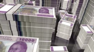Orta Afrika CFA Frangı Kamerun Çad Kongo Gabon para döngüsü. 3D uçuş 10000 XAF banknotları kuleleri istifliyor. Döngüsüz, soyut iş dünyası, ekonomi krizi ve finans kavramı.