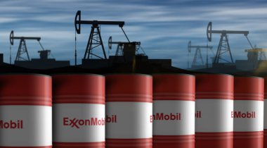 Poznan, Poland, May 12, 2024: ExxonMobile oil fuel and gas barrels in row concept. Exxon Mobile company and petrol industrial containers 3d illustration. clipart