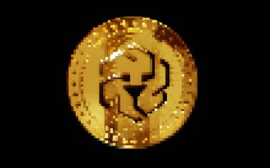 UNUS sed LEO kripto altın sikke retro piksel mozaik 80 'ler tarzında. Dönen altın metal soyut konsept 3D illüstrasyon.