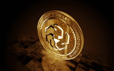 UNUS sed LEO kripto altın sikke yeşil ekran arka planda. Soyut konsept 3d illüstrasyon.