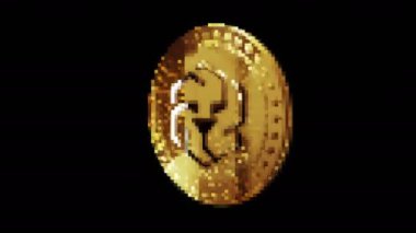 Poznan, Polonya, 4 Nisan 2024: UNUS sed LEO cryptocurrency gold in retro piksel mozaik 80s style. Dönen altın metal döngüsü soyut kavram. 3B döngü kusursuz döngü.