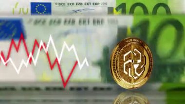 Poznan, Polonya, 4 Nisan 2024: UNUS sed LEO kripto para birimi 100 Euro üzerinde altın para. Arka planda not sayma ve çizelge çizgisi. Döngüsüz ve pürüzsüz 3D soyut kavram.