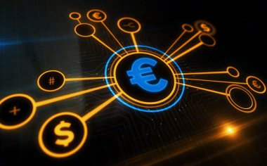 Euro para EUR finans sembolü dijital konsept. Ağ, siber teknoloji işareti ve bilgisayar arkaplan soyut 3d resimleme.
