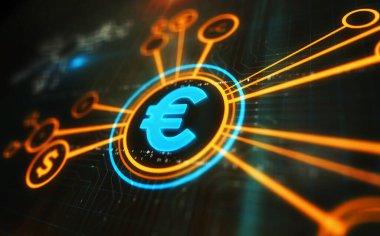 Euro para EUR finans sembolü dijital konsept. Ağ, siber teknoloji işareti ve bilgisayar arkaplan soyut 3d resimleme.