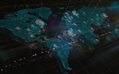 Euro parası dünya haritası üzerinde finans sembolleri. İş konsepti 3d illüstrasyon.