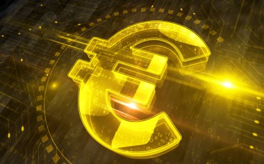 Euro para EUR finans sembolü dijital konsept. Ağ, siber teknoloji işareti ve bilgisayar arkaplan soyut 3d resimleme.