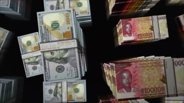 Amerikan Doları ve Gine parası Gine frangı para değişimi. Kağıt banknotlar tomar tomar. Ticaret, ekonomi, rekabet, kriz, bankacılık ve finans kavramı. Döngüsüz 3D canlandırma notaları.