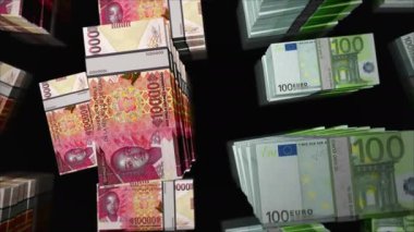Avro ve Gine parası Gine frangı para değişimi. Kağıt banknotlar tomar tomar. Ticaret, ekonomi, rekabet, kriz, bankacılık ve finans kavramı. Döngüsüz 3D canlandırma notaları.