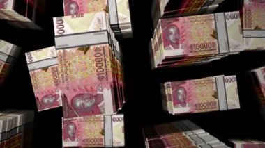 Gine parası, Gine frangı, deste döngüsü. 3D uçuş, GNF 10000 banknot, kuleler. Döngüsüz, soyut iş dünyası, ekonomi krizi ve finans kavramı.