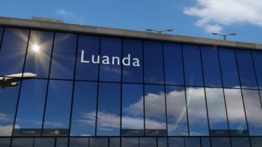 Uçak Luanda, Angola 'ya iniyor. Cam havaalanı terminali ve jet uçağının yansımasıyla şehre vardık. Seyahat, iş, turizm ve ulaşım 3D konsepti.