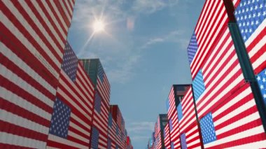 Amerikan ihracat ve ihracat kargo konteynırları sorunsuz ve geri dönüşümlü iş konseptinde. Amerikan bayrağı endüstriyel nakliye kutusu 3D döngü.