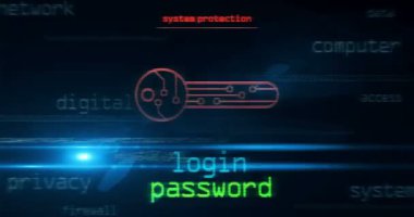 Anahtar sembollü teknoloji döngüsü kavramına sahip siber güvenlik erişimi koruması. Arızalı ekranlardaki soyut imza pürüzsüz ve döngülü.