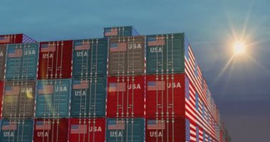 ABD, liman terminali iş konseptinde kargo konteynırları ihraç ediyor. Amerikan bayrağı endüstriyel nakliye kutusu 3D.
