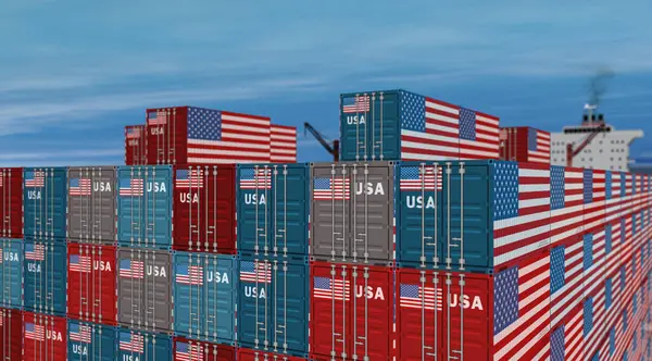 Stock image USA export production and import containers on a cargo ship. Business concept of transport and shipping with a American flag. 3D drone view illustration.