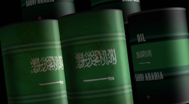 Suudi Arabistan petrol ham petrol varilleri sıra konseptinde. Suudi Arabistan petrol şirketi ve yakıt çıkarma sanayi konteynerleri 3D illüstrasyon.