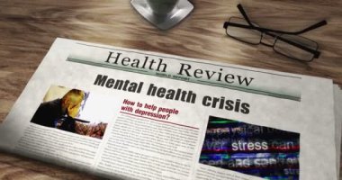 Akıl sağlığı krizi, günlük depresyon gazetesi. Manşetler soyut kavram 3D.