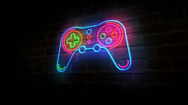 Tuğla duvarda neon oyun sembolü. Game pad video retro konsol renk ampulleri soyut kavram.