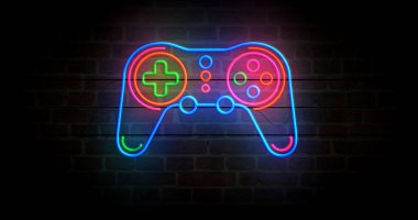 Oyun neon sembolü. Game pad video retro konsol renk ampulleri. Soyut konsept 3d illüstrasyon.