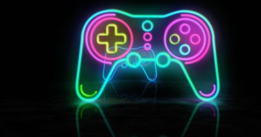 Oyun neon sembolü. Game pad video retro konsol renk ampulleri. Soyut konsept 3d illüstrasyon.