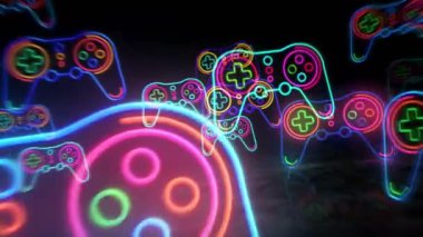 Oyun neon sembolü. Renkli ampuller. Game pad video retro konsol soyut, pürüzsüz ve çevrilebilir konsept. 3D tünel animasyonunda uçuyor..