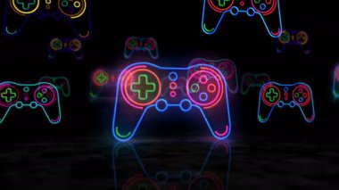 Parlayan neon bir oyun sembolü. Renkli ampuller. Game pad video retro konsol soyut konsept 3d animasyonu.