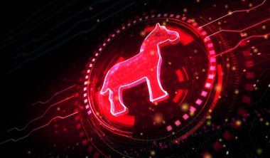 Truva virüsü siber suç ve güvenlik ihlali dijital konsepti. Ağ, siber teknoloji ve bilgisayar arkaplanı soyut 3D resimleme.