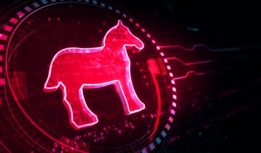 Truva virüsü siber suç ve güvenlik ihlali dijital konsepti. Ağ, siber teknoloji ve bilgisayar arkaplanı soyut 3D resimleme.