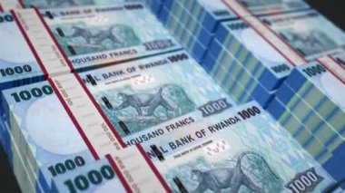 Ruanda parası Rwandan frangı 3D animasyon döngüsü. Döngüsüz finans, nakit, ekonomi, iş ve banka kavramı. RWF üzerinde hareket eden kamera 10000 banknot destesi.