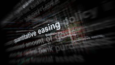Merkez Bankası Para Politikası 'nın sayısal kolaylaşması uluslararası medyada manşet oldu. Gürültü gösterilerinde haber başlıklarının soyut konsepti. TV arızası etkisi 3d illüstrasyon.