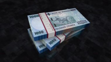 Ruanda parası Ruanda frangı yığını. Ekonomi, bankacılık, iş, kriz, durgunluk, borç ve finans konularının kavramı. RWF 1000 banknot destesi 3D animasyon.