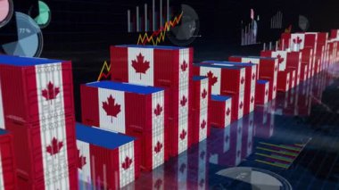 Kanada, grafikler ve diyagramlar üzerindeki kargo konteynırlarını sorunsuz ve çevrilebilir iş konseptiyle ihraç edip ithal ediyor. Kanada bayraklı sanayi sanayii sanayi kutusu 3d döngü.