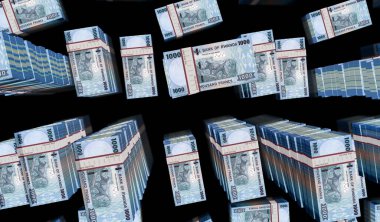 Ruanda parası Rwandan Frangı 3D resim paketi. 1000 RWF banknot destesi. Maliye, nakit, ekonomi krizi, iş başarısı, durgunluk, banka, vergi ve borç kavramı.