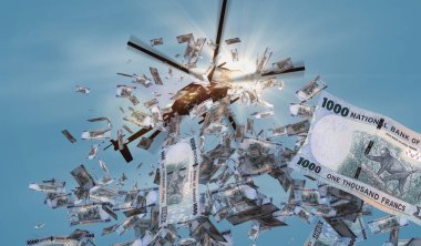 Rwanda Franc helikopter paralarını bırakıyor. Ruanda RWF 1000 banknotları soyut 3d enflasyon, para basma, finans, ekonomi, kriz ve niceliksel kolaylık illüstrasyon kavramı.