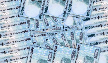 Rwanda Franc nakit hayran mozaiği şeklinde banknotlar halinde. Ruanda RWF 1000 banknotları. Soyut banka, finans, ekonomi dekoratif tasarım konsepti 3d illüstrasyon.