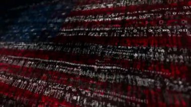 ABD bayrağı güvenlik kodu sallıyor. Amerika Birleşik Devletleri Siber Güvenlik Saldırısı ve Hackleme konsepti animasyonu.