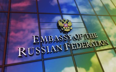 Rusya Federasyonu cam bina konsepti elçiliği. Ön cephede Rusya diplomatik bürosu sembolü 3D illüstrasyon.
