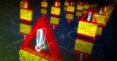 Sistem hacklemesi uyarı ve güvenlik ihlali sembolü soyut siber kavram. Dijital teknoloji ve bilgisayar arkaplanı pürüzsüz ve döngülü 3D animasyon.
