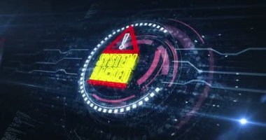 Sistem hackleme uyarısı ve güvenlik ihlali sembolü dijital konsept. Siber teknoloji ve bilgisayar arkaplanı soyut 3D animasyon. Kusursuz ve döngüsüz.