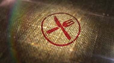 Doğal keten çuvalında bıçak ve çatal simgesi damgası. Bar tabelası ve restoran sembolü 3 boyutlu tasarım soyut konsept. Döngüsüz ve kusursuz animasyon.