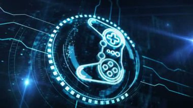 Dikey video: Oyun sahası ve joystick oyun sembolü dijital konsept. Ağ, siber teknoloji ve bilgisayar arkaplanı soyut 3D kusursuz ve çevrilebilir.