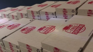 Ücretsiz nakliye kutusu üretim hattı. Karton paket fabrikasına teslimat. Soyut kavram 3D döngüsüz dikişsiz.