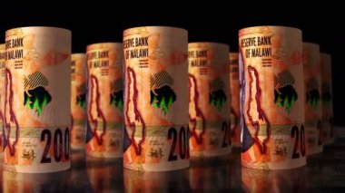 Malavi parası Malawian kwachas 3D döngüsü. 2000 MWK banknotları önünde hareket eden kamera. Kusursuz döngüsüz ekonomi, finans, iş ve borç kavramı.