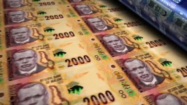 Malavi parası Malawian kwachas para basma makinesi döngüsü. Kağıt 2000 MWK banknot baskı 3D döngüsü pürüzsüz. Soyut bankacılık, finans, ekonomi ve kriz kavramı.