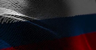 Rusya bayrağı dalgalanan pikseli. Rusya Federasyonu siber saldırı saldırısı ve güvenlik konsepti animasyonu patlatıyor.