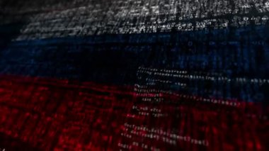 Rusya Birleşik Devletleri bayrağı güvenli kod dalgalandırıyor. Rusya Federasyonu siber güvenlik saldırısı ve hack konsepti animasyonu.