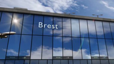Brest, Fransa 'ya uçak iniyor. Cam havaalanı terminali ve jet uçağının yansımasıyla şehre vardık. Seyahat, iş, turizm ve ulaşım 3D konsepti.