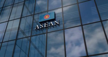 ASEAN cam bina konsepti. Ön cephede Güneydoğu Asya Ulusları Birliği sembolü.